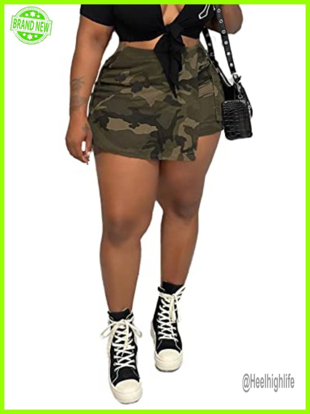 Plus Size Camo Cargo Mini Skirt High Waist Denim Slit Pockets